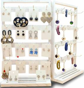 lot 11485 image: Jewack Wooden Foldable Jewelry Display Stand with Removable 32 Hooks, Earring Cards necklace bracelet Keychain Showcase Merchandise Organizer For Selling For vendor events(White)