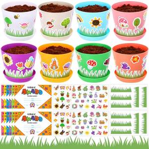 lot 11490 image: Domensi 12 Pack Garden Pot Craft Kit 4 Inch DIY Spring Crafts for Kids Bulk Plastic Flower Plant Pot Plastic Planter with Tray Drainage Holes with Tag, Certificate of Award, Sticker (Multicolor)