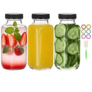lot 11495 image: BIGIVACA 8 oz Glass Juice Bottles with Lids,3 PACK Bottles for Juicing,Square Drinking Jars Glass for Coffee,Cola,Milk,Tea in Travel,Work,School
