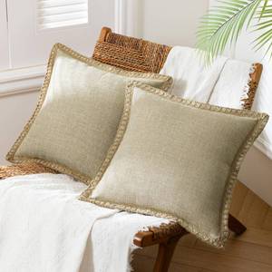 lot 11497 image: Phantoscope Pack of 2 Farmhouse Decorative Solid Throw Decorative Pillow Cover Burlap Linen Trimmed Tailored Edges, Oatmeal 20 x 20 inches, 50 x 50 cm