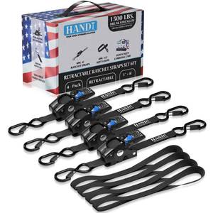 lot 11512 image: HandT USA Based Retractable Ratchet Straps (4PK) 1in x 6ft - 1,500lb Break Strength, Heavy Duty Automatic Ratchet Straps Self Retractable Tie Down, Push Button Retracting Truck Trailer Cargo  Black