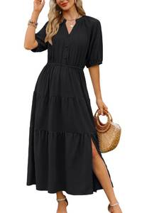 lot 12309 image: CCTOO Womens Floral Maxi Dress Summer Loose Fit Puff Sleeve Solid Tie Waist Printed Ruffle Hem Flowy Long Boho Dresses Black Medium