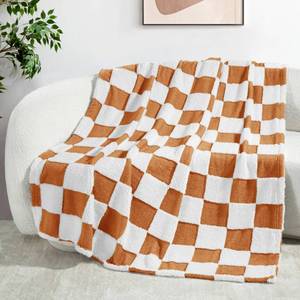 lot 12318 image: Exclusivo Mezcla Checkered Throw Blanket, Super Soft and Warm Fluffy Fleece Blanket for Couch, Sofa, Bed, Cute Plaid Pattern, Coral Orange, 50 x 60