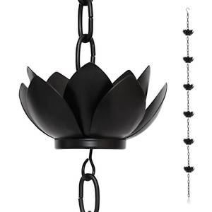 lot 12339 image: Frestique Lotus Rain Chain Extension - 4.6 ft, 6 Matte Black Lotus Cups, Hanging Hook & Acrylic Pendant - Compatible with Rain Chains for Gutters