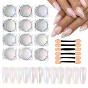 lot 12346 image: Chrome Nail Powder Nail Art Glitter Decoration White Pearl Mermaid Iridescent Chrome Powder Metallic Mirror Effect Aurora Holographic Nail Powder Pearlescent Pigment Powder Kit for Nail DIY 12 Jars