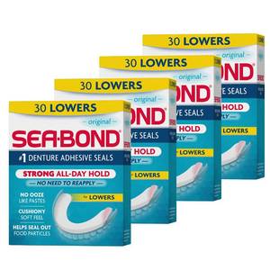 lot 12354 image: Sea Bond Secure Denture Adhesive Seals, Original Lowers, Zinc-Free, All-Day-Hold, Mess-Free, 30 Count (Pack of 4)