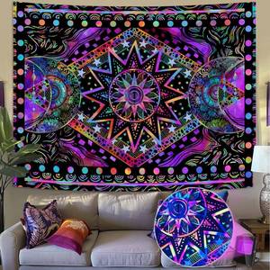 lot 12360 image: Blacklight Sun and Moon Tapestry Glow in The Dark Neon Hippie Bohemian Tapestries for Bedroom Aesthetic UV Reactive Purple Celestial Tie Dye Tapestry Wall Hanging for Living Room Dorm (90 � 68)