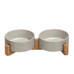 lot 12372 image: SPUNKYJUNKY Ceramic Dog and Cat Bowl with Wood Stand Non-Slip Matte Glaze Weighted Food Water Set for Cats &Small Dogs 13.5OZ