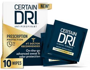 lot 12389 image: Certain Dri Antiperspirant Wipes for Excessive Sweating & Hyperhidrosis �� 72HR Clinical Strength Odor & Perspiration Protection, Travel-Friendly, Dermatologist Recommended, (10 Count)
