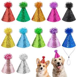 lot 12398 image: JpGdn 12PCS Dog Birthday Party Cone Hats with Pompons for Small Medium Dog Cat Holiday Wedding Costume Accessories