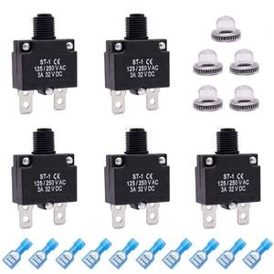 lot 12403 image: mxuteuk 5Pcs 3Amp Circuit Breakers Push Button Manual Reset 125250V AC 32V DC,Overload Protector Switch Thermal Circuit Breakers with Quick Connect Terminals and Waterproof Button Caps ST1-5-3A