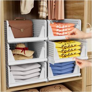 lot 13041 image: CTSNSLH 5 Pack Folding Closet Organizers Storage Box, Stackable Storage Bins, Plastic Drawer Basket Closet Storage for Wardrobe Cupboard Kitchen Bathroom Office White-5L