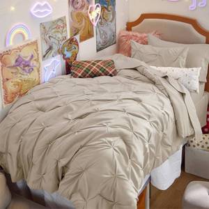lot 13043 image: Bedsure Twin Comforter Set Beige - Bed in a Bag Twin Size 5 Pieces, GentleSoft�� Pintuck Bed Set Gift for Family, Pinch Pleat Beige Comforter with Sheets, Pillowcase & Sham