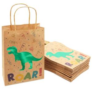 lot 14089 image: 24 Pack Dinosaur Party Bags with Handles, Green Foil Bags for Kids Birthday Celebration, Dino Themed Baby Shower Favor, Dinosaur Birthday Party Supplies (8.6 x 6.3 X 3.2 In)