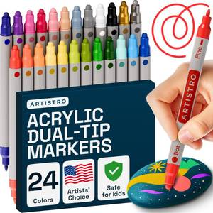 lot 14117 image: ARTISTRO Vibrant Acrylic Paint Markers for Rock, Fabric, Glass, Wood, Paper, Ceramic, Canvas & More - 24 Dual-Tip Acrylic Paint Pens (Dot & Fine) - Smooth Flow, Quick Dry, Low-Odor
