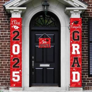 lot 6078 image: Moukeren 3 Pieces 2025 Graduation Party Decorations Graduation Porch Sign Class of 2025 Grad Hanging Porch Banner Backdrop Door Sign for Grad Party Home Door Wall Decor(Red and Black)
