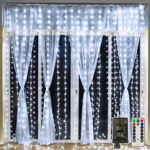 lot 6126 image: Ollny Curtain Lights 300LED 9.8ftx9.8ft, Connectable IP67 Waterproof Outdoor Curtain String Lights with Remote, Plug-in Untangle Fairy Lights with 8 Modes 3 Timers for Wall Backdrop Decor(Cool White)