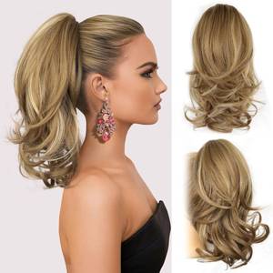 lot 6141 image: 14 Inch Blonde Ponytail Extension - Wavy Pony Tails Hair Extensions, Claw Clip Ponytail Extension, Synthetic Hair Extensions Ponytail, Clip on Ponytails for Women (Dark Blonde With Beige Highlights)