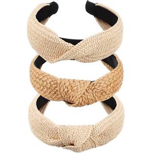 lot 6155 image: Juexica 3 Pieces Straw Knotted Boho Headbands - Rattan Twist Hairbands for Women, Summer Beach and Girls (Straw Color)