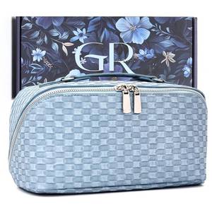 lot 6164 image: GrandRich Gifts for her,Blue Travel Makeup Bag Large,Checkered Makeup Organizer Bag with Compartments,Travel Toiletry Bag for Women,Big Cosmetic Bag for Traveling,Jean Pattern PU Leather
