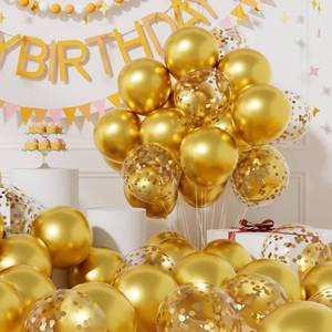 lot 6174 image: AULE Party Balloons Pack of 42 - Metallic Gold Balloons & Gold Confetti Balloons and 64ft Ribbons - 12 Inch Balloons Decorations Set