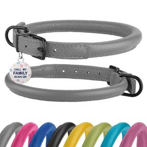 lot 6184 image: Rolled Leather Dog Collar Soft Round Collars, ID Tag for Small Medium Large Dogs (14-17 inch, Smoke Grey)