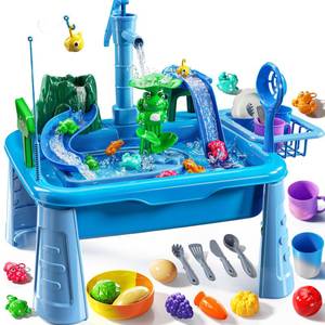 lot 7719 image: JUKUDAHU Water Table Play Sink Toy for Kids 2 3 4 5 6 Years Old - Outdoor Kitchen with Running Water, Fishing Games, Toddler Water Play Table for Kids Ages 3-8, Beach Outdoor Toys, Summer Gifts