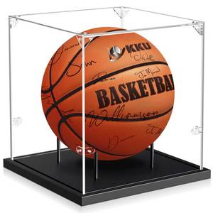 lot 7722 image: KKU Basketball Display Case, Acrylic Clear Full Size Basketball Case with Solid Wood Base,UV Protected Basketball Display Stand for Autographed Standard NBA WNBA Ball Memorabilia Keepsake, Black