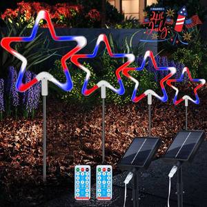 lot 9638 image: 4th of July Decorations Outdoor Solar Garden Lights, 4PCS Red White and Blue Super Big Neon Star Pathway Lights with 8 Modes, Waterproof for Independence Day Home Yard Decor