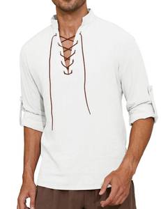 lot 10089 image: Vinsekep Mens Long Sleeve Lace up Shirt Renaissance Pirate Viking Medieval Costume Halloween Cosplay White Brown M