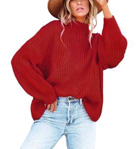 lot 10090 image: BWQ Womens 2024 Fall Oversized Pullover Sweaters Loose Casual Mock Neck Long Sleeve Chunky Soft Cable Knit Blouse Tops Red S
