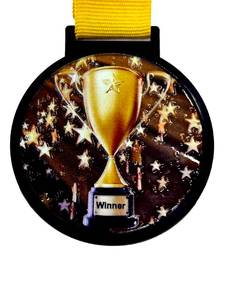 lot 10092 image: 10 Pack of Large 2.25 Inch 1st Place Winner Champion Trophy Cup Award Medals with Attached Neck Ribbons Medal Trophies Gift Prize Team Black Gold Star UV First Participant Player Event Gold Victory (3pk)
