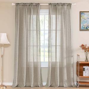 lot 10095 image: Turquoize Linen Sheer Curtains Natural Linen Semi Sheer Curtains White 96 Inches Long Light Filtering Burlap Curtain 2 Panels Rod Pocket Window Treatments PanelsDrapes, Privacy Assured, Taupe