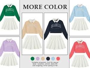 lot 6105 image: SOLY HUX Girls 2 Piece Outfits Letter Graphic Long Sleeve Collar Sweatshirt and Skater Skirt Set Blue and White Letter 15Y