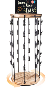 lot 10787 image: Chip Display Rack, Chip Holder 5 Rows 40 Clips, 360° Swivel Wooden Base, Chip Bag Display for Concession Stand, Party, Store, Case of 1 - Retail $35