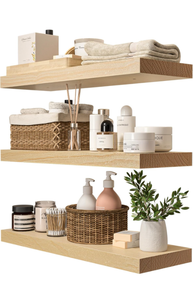 lot 10788 image: Natural Wood Floating Shelves Set of 3, Wide and Thick Rustic Wooded Wall Shelf 24 inch, Floating Shelf Wall Mounted for Living Room Bedroom Bathroom Kitchen - DIY Unfinished - 24D x 6.7W inch - Retail $50