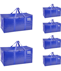 lot 10795 image: Extra Large Heavy Duty Moving Bags - Waterproof Storage Totes with Reinforced Handles & Zippers, Foldable for College Dorm Essentials, Clothes Storage & Travel (6-Pack Blue) - Retail $23