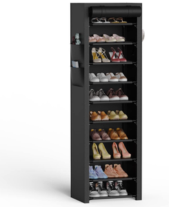 lot 10797 image: VTRIN Vertical Narrow Shoe Rack Organizer Tall Shoe Rack for Closet Entryway 10 Tier Non-Woven Cover Shoe Shelf Holds 20-22 Pairs Free Standing Shoe Storage Cabinet with Dustproof Cover, Black - Retail $30