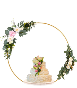 lot 10798 image: Gold Hoop Wedding Cake Stand with Floral Decor - Retail $89