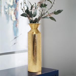 lot 10806 image: Gold Tall Floor Vase 16.14in Metal Decorative Flower Bucket Vases for Twigs Branches Dried Flowers Home Decor Housewarming Gift for Spa Reiki Meditation Settings O5 (Gold vase-M) - Retail $21