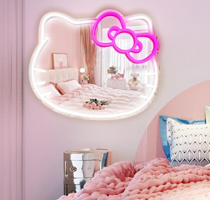 lot 10810 image: Anime Hello Kit Mirror with Light Neon Signs for Wall Decor, Neon Mirror with Dimmable for Teen Girl Gift, Makeup Mirror neon Sign Room Decor (14.6  12.2 inch) - Retail $28