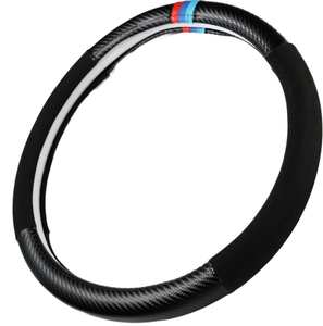 lot 10812 image: Carbon Fiber  Sporty Suede Leather Steering Wheel Cover with Sporty Stripes, Non-Slip and Sweat Absorbent Universal fit 14 to 15 SW for Most Car SUV Pickup - Retail $34
