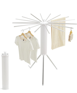 lot 10820 image: RUMOSE Tripod Clothes Drying Rack Clothing Foldable & Portable Garment Rack Space Saving Laundry Aluminum Standing with 16 Poles Silver & White Floor Collapsible Household Indoor & Outdoor Holder - Retail $63