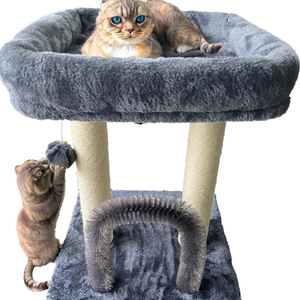 lot 10825 image: BEGA PET Cat Tree Tower 19.6 inch - 4 in 1 Dark Grey Cat Scratching Posts - Cat Arch Self Groomer Widen Base & Bed, for Indoor Cats - Natural Sisal Scratcher Tall Scratch Post - Retail $35