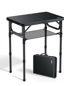 lot 10832 image: Folding Camping Table with Storage Net, Pure Black Aluminum 2ft Picnic Table 23.2 x 16 Outdoor Table Adjustable Height Max 27.5, Lightweight, Waterproof, Portable Handle for Travel Cooking - Retail $48