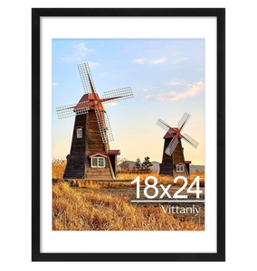 lot 10835 image: Vittanly 18x24 Picture Frame with Plexiglass - Large Black Poster Frame for Wall Display - Includes 16x20 Mat, Made of Durable PVC Design - 1 Pack - Retail $31