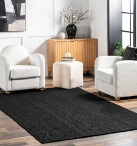 lot 10838 image: 8x10 Rigo Jute Hand Woven Area Rug, Black, Solid Farmhouse Design, Natural Fiber, For Bedroom, Living Room, Dining Room, Hallway, Office, Kitchen, Entryway - Retail $206