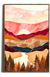 lot 10842 image: Framed Canvas Wall Art for Bedroom - Large Oversize 24x36 Ready to Hang Living Room - Modern Boho Neutral Room Decor - Orange Earthy Tone Mountain Forest Moon Sun - Fall Autumn Trees Abstract Nature - Retail $70