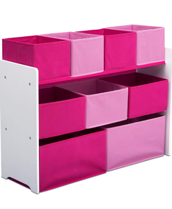 lot 10857 image: Delta Children Deluxe Multi-Bin Toy Organizer with Storage Bins, WhitePink Bins - Retail $50