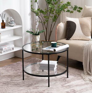 lot 10863 image: VINGLI 25.6 Round Black Coffee Tables for Living Room, 2-Tier Glass Top Coffee Table with Storage Clear Coffee, Simple & Modern Center Table for Small Space - Retail $80